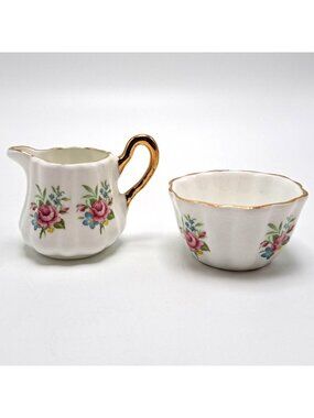 Sandford Fine Bone China Mini Creamer & Sugar Bowl Set Floral Gold Trim Vintage